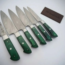 Load image into Gallery viewer, 6-Piece Damascus Kitchen Knife Set with Green Wood Handle - Professional Cooking Collection