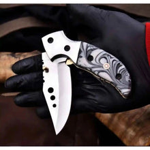 Load image into Gallery viewer, Marble Resin Folding Pocket Knife — Drop Point Blade, Brass Pivot, and Genuine Leather Sheath