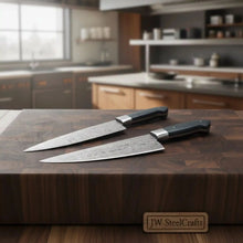 Load image into Gallery viewer, 2-Piece Hand-Forged Chef Knife with Pattern-Welded Damascus with Black Micarta Handles (Professional Set)