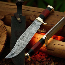 Load image into Gallery viewer, Damascus Dundee Bowie Knife Bull Horn Pakka Wood Handle