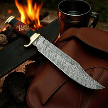 Load image into Gallery viewer, Damascus Dundee Bowie Knife Bull Horn Pakka Wood Handle
