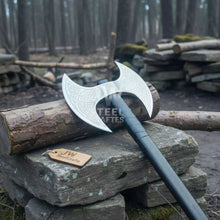 Load image into Gallery viewer, Custom Handmade Double-Headed Viking Axe with Nordic Knotwork Engravings and Cord-Wrapped Handle