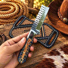 Load image into Gallery viewer, Custom Handmade 6.5-Inch Horse Rasp Stainless Steel Bull Cutter Knife with Resin Pinecone Handle &amp; Leather Sheath