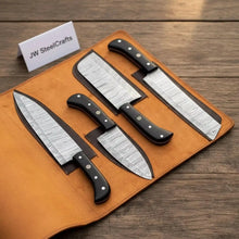 Load image into Gallery viewer, 5-Piece Stainless Steel Chef Knife Set with Leather Roll | Ebony Wood Handle Knives
