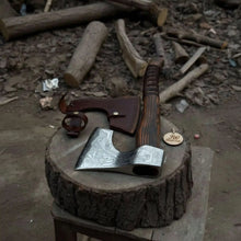 Load image into Gallery viewer, Hand Forged Carbon Steel Viking Axe with Carved Ash Wood Handle and Leather Grip