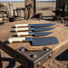 Load image into Gallery viewer, 4-Piece Damascus Kitchen Knife Set — Chef, Slicer, Utility &amp; Cleaver with White Camel Bone Handles &amp; Steel Bolsters | JW Steel Crafts