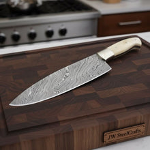 Load image into Gallery viewer, Gyuto Knife, Handmade Damascus Steel Blade, White Bone Handle with Steel Bolster, Full Tang Japanese Chef Knife, JW SteelCrafts