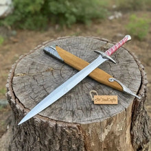 Load image into Gallery viewer, Handmade Fantasy Short Sword with Reddish Wood Grip and Wooden Sheath