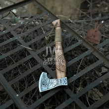 Load image into Gallery viewer, Norse Viking Axe Set with Engraved Steel Heads and Carved Hardwood Handles