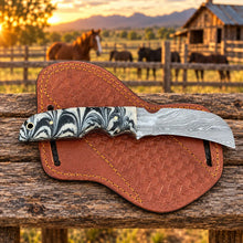 Load image into Gallery viewer, Embercrest Damascus Hawkbill Knife – Damascus Steel, Resin Handle &amp; Leather Sheath