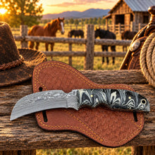 Load image into Gallery viewer, Embercrest Damascus Hawkbill Knife – Damascus Steel, Resin Handle &amp; Leather Sheath