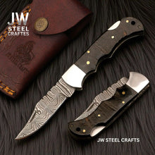 Load image into Gallery viewer, Handmade Damascus Folding Knife with Ram Horn or American Flag Handle