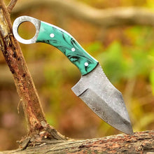 Load image into Gallery viewer, 2 Piece Damascus Steel Ring Handle Knife Set with Bone Pattern &amp; Green Resin Handles with Leather Sheath