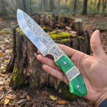 Load image into Gallery viewer, Engraved D2 Hunting Knife Brass Inlay Camel Bone