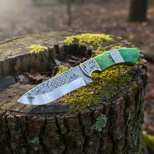 Load image into Gallery viewer, Engraved D2 Hunting Knife Brass Inlay Camel Bone
