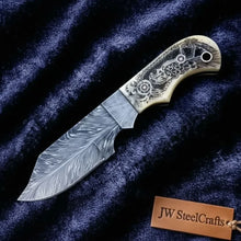 Load image into Gallery viewer, Handmade Damascus Drop Point Hunting Knife with Engraved Bone Handle and Leather Sheath