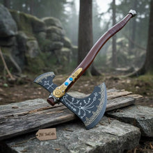 Load image into Gallery viewer, Hand Forged Viking Fantasy Double-Bit Axe with Norse Engraving, Gold Handle Fittings and Blue Gemstone Inlays