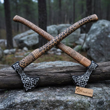 Load image into Gallery viewer, Engraved Viking Throwing Axe Set, Pair of Norse Knotwork Hatchets with Carved Hardwood Handles | JW SteelCrafts