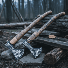 Load image into Gallery viewer, Engraved Viking Throwing Axe Set, Pair of Norse Knotwork Hatchets with Carved Hardwood Handles | JW SteelCrafts