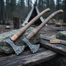 Load image into Gallery viewer, Engraved Viking Throwing Axe Set, Pair of Norse Knotwork Hatchets with Carved Hardwood Handles | JW SteelCrafts