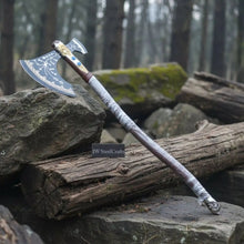 Load image into Gallery viewer, Hand Forged Viking Fantasy Double-Bit Axe with Norse Engraving, Gold Handle Fittings and Blue Gemstone Inlays