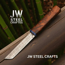 Load image into Gallery viewer, Damascus Utility Knife — 5-Inch Blade, Natural Rosewood Handle, Blue Epoxy Resin Spacer and Interlocking Wood Scabbard