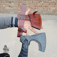 Load image into Gallery viewer, Forged Tool Axe Duo – Textured Steel Heads with Sculpted Hardwood Handles and Leather Sheaths