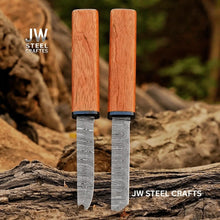 Load image into Gallery viewer, Damascus Utility Knife — 5-Inch Blade, Natural Rosewood Handle, Blue Epoxy Resin Spacer and Interlocking Wood Scabbard