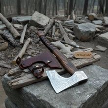 Load image into Gallery viewer, Hand Forged Carbon Steel Viking Axe with Carved Ash Wood Handle and Leather Grip