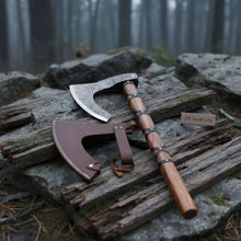 Load image into Gallery viewer, Handmade Damascus Skeggøx Bearded Axe with Leather Wrap and Sheath