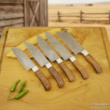Load image into Gallery viewer, 5 Piece Damascus Kitchen Knife Set - Walnut Wood Handle Professional Cooking Knife Set