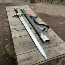 Load image into Gallery viewer, King's Oath Fantasy Longsword Replica Gold Guard, Gemstone Inlays &amp; Leather Scabbard