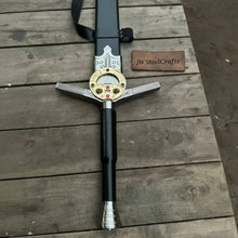 Load image into Gallery viewer, King's Oath Fantasy Longsword Replica Gold Guard, Gemstone Inlays &amp; Leather Scabbard
