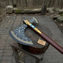Load image into Gallery viewer, Hand Forged Viking Fantasy Double-Bit Axe with Norse Engraving, Gold Handle Fittings and Blue Gemstone Inlays