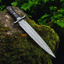 Load image into Gallery viewer, Feather Damascus Bowie Knife G10 Handle Leather Sheath