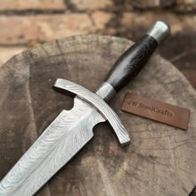 Load image into Gallery viewer, 8” Damascus Double Edge Dagger Knife Spear Point Blade Wooden Handle Crossguard Fixed Blade