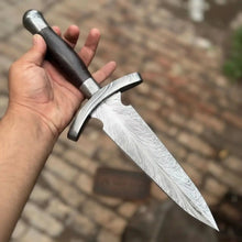 Load image into Gallery viewer, 8” Damascus Double Edge Dagger Knife Spear Point Blade Wooden Handle Crossguard Fixed Blade