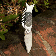 Load image into Gallery viewer, Fish-Style Damascus Folding Knife | 5 Color Variants | Hand-Engraved Collectible by JW SteelCrafts
