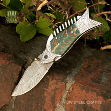 Load image into Gallery viewer, Fish-Style Damascus Folding Knife | 5 Color Variants | Hand-Engraved Collectible by JW SteelCrafts
