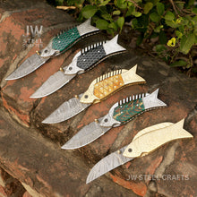 Load image into Gallery viewer, Fish-Style Damascus Folding Knife | 5 Color Variants | Hand-Engraved Collectible by JW SteelCrafts