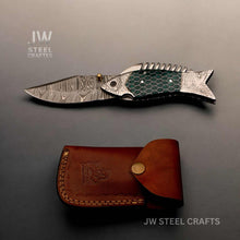 Load image into Gallery viewer, Fish-Style Damascus Folding Knife | 5 Color Variants | Hand-Engraved Collectible by JW SteelCrafts