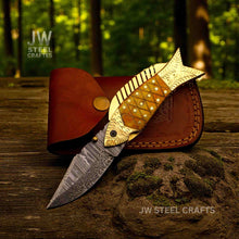 Load image into Gallery viewer, Fish-Style Damascus Folding Knife | 5 Color Variants | Hand-Engraved Collectible by JW SteelCrafts