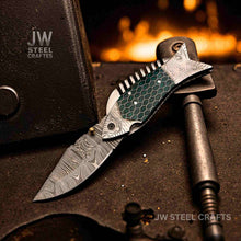 Load image into Gallery viewer, Fish-Style Damascus Folding Knife | 5 Color Variants | Hand-Engraved Collectible by JW SteelCrafts