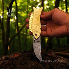 Load image into Gallery viewer, Fish-Style Damascus Folding Knife | 5 Color Variants | Hand-Engraved Collectible by JW SteelCrafts