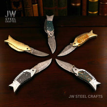 Load image into Gallery viewer, Fish-Style Damascus Folding Knife | 5 Color Variants | Hand-Engraved Collectible by JW SteelCrafts
