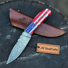 Load image into Gallery viewer, Damascus Steel USA Flag Handle Knife — 5-Inch Raindrop, &amp; Leather Sheath