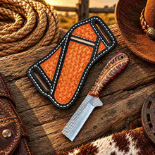Load image into Gallery viewer, Handmade Horse Rasp Stainless Steel Cowboy Skinner Knife with Blue and Tan Resin Pinecone Handle &amp; Floral Leather Sheath – SH-DS/074