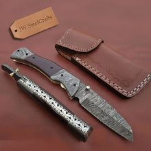 Load image into Gallery viewer, Handmade Damascus Steel Folding Knife – Matte Black Handle with Brass Liner &amp; Thumb Stud | JW SteelCrafts