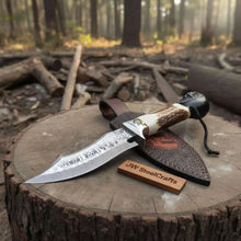 Load image into Gallery viewer, Handmade Damascus Hunting Knife with Stag Antler Handle &amp; Custom Leather Sheath