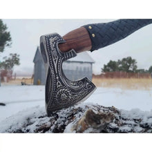 Load image into Gallery viewer, Norse Engraved Camp Hatchet with Leather Wrapped Handle and Belt Sheath | JW SteelCrafts